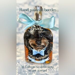 Hand Painted Dog Portrait Bottle with Blue Ribbon